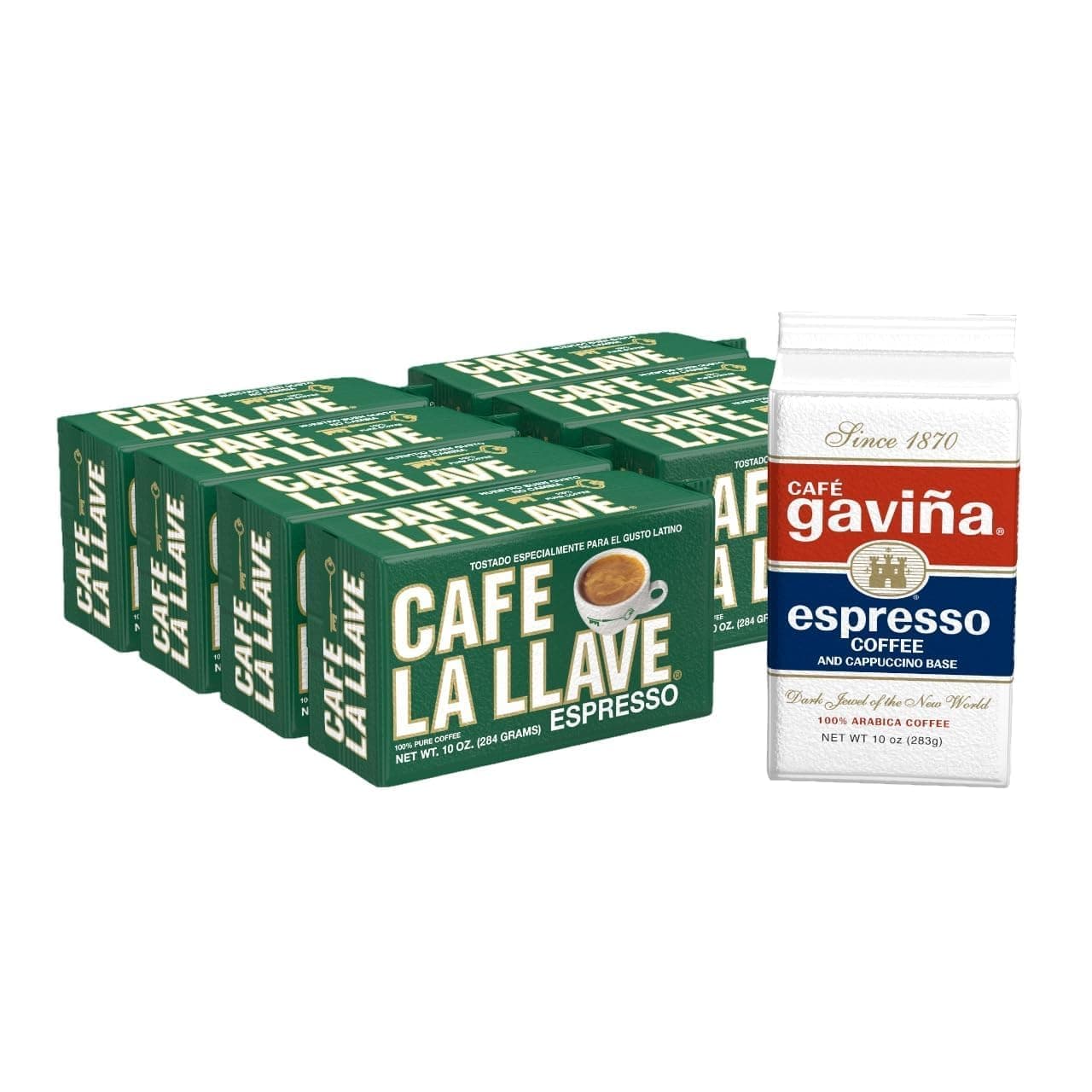 Cafe La Llave Cuban-Style Espresso Dark Roast Ground Coffee, 8-Pack, 10 oz Bricks, Includes 1 Bonus Cafe Gaviña – Rich Bold Flavor