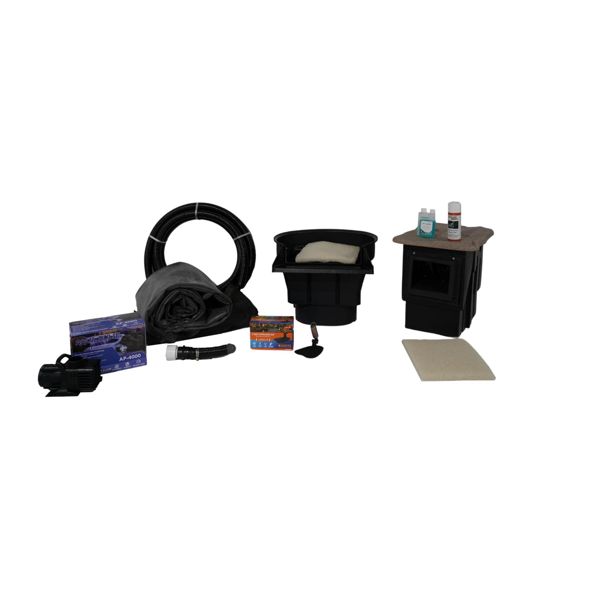 HALF OFF PONDS PondBuilder Crystal 4000 GPH Submersible Pump Pond Kit 20' x 20' EPDM Rubber Pond Liner, Waterfall Filter, Skimmer, Lighting & Plumbing Koi Pond Kit, Backyard Water Garden