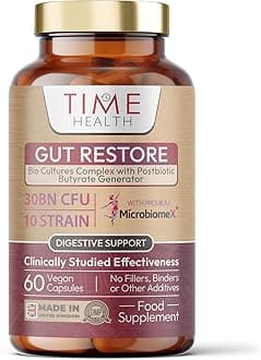 Time Health Gut Restore - 12 Strain Probiotic & Postbiotic Butyrate Generator - MicroBiomeX - Clinically Proven - Advanced Bioculture Formula - Vegan Probiotics - Made