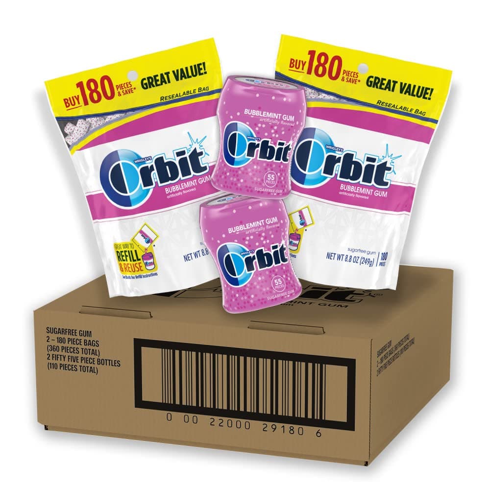 ORBIT Bubblemint Sugar-Free Chewing Gum Bulk Pack, 2 Bags - 180 Pieces & 2 Bottles - 55 Pieces Bubble Gum