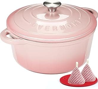 Enameled Cast Iron Dutch Oven - 7QT Pot with Lid Cookbook & Cotton Potholders - Heavy-Duty Cookware for Braising, Stews, Roasting, Bread Baking pink