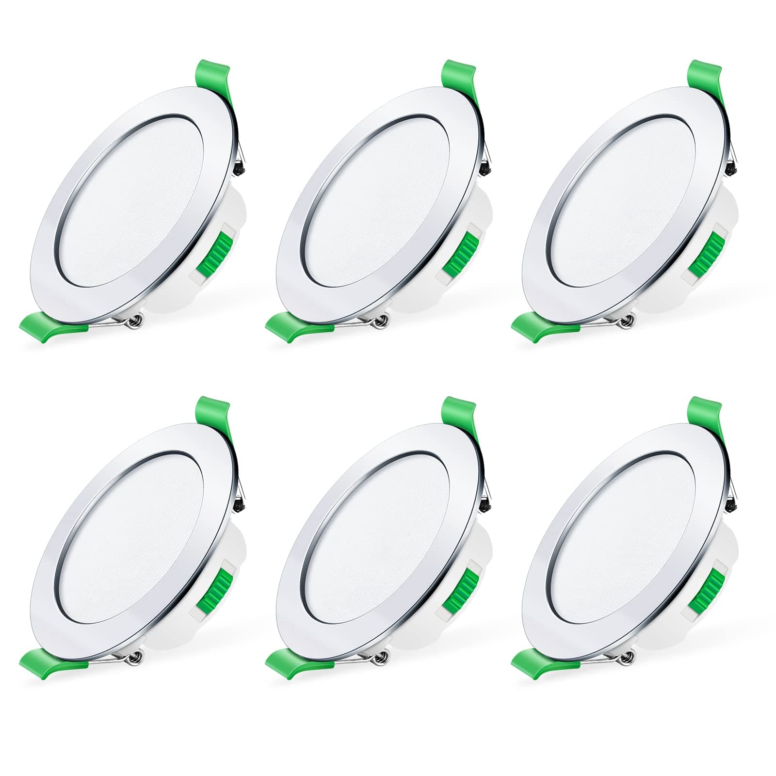 ALUSSO LED Downlights Dimmable 7W IP44 Slim Recessed Ceiling Lights, 3CCT 3000K Warm 4000K Neutral 6500K Cool Adjustable Bathroom Spotlights, Polished Chrome, 6 Pack