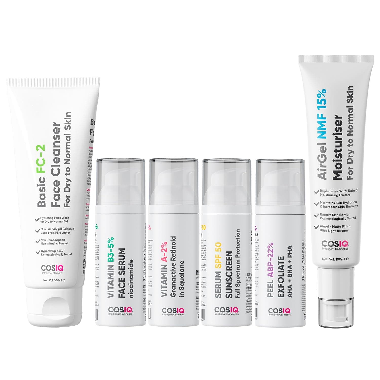 Complete Dry Skin Kit for Ages 30+, SPF 50 Sunscreen, ABP 22% Exfoliating Peel, Niacinamide Vitamin B3-5% Serum, AirGel NMF 15% Moisturizer 100ml, Vitamin A-2% Retinoid, FC-2 Face Wash 100ml