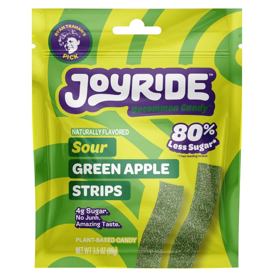 Joyride Sweets Sour Green Apple Candy Strips, 3.5oz, Sour Gummy Candy, Gummy Strips, 80% Less Sugar, Plant Based Candy