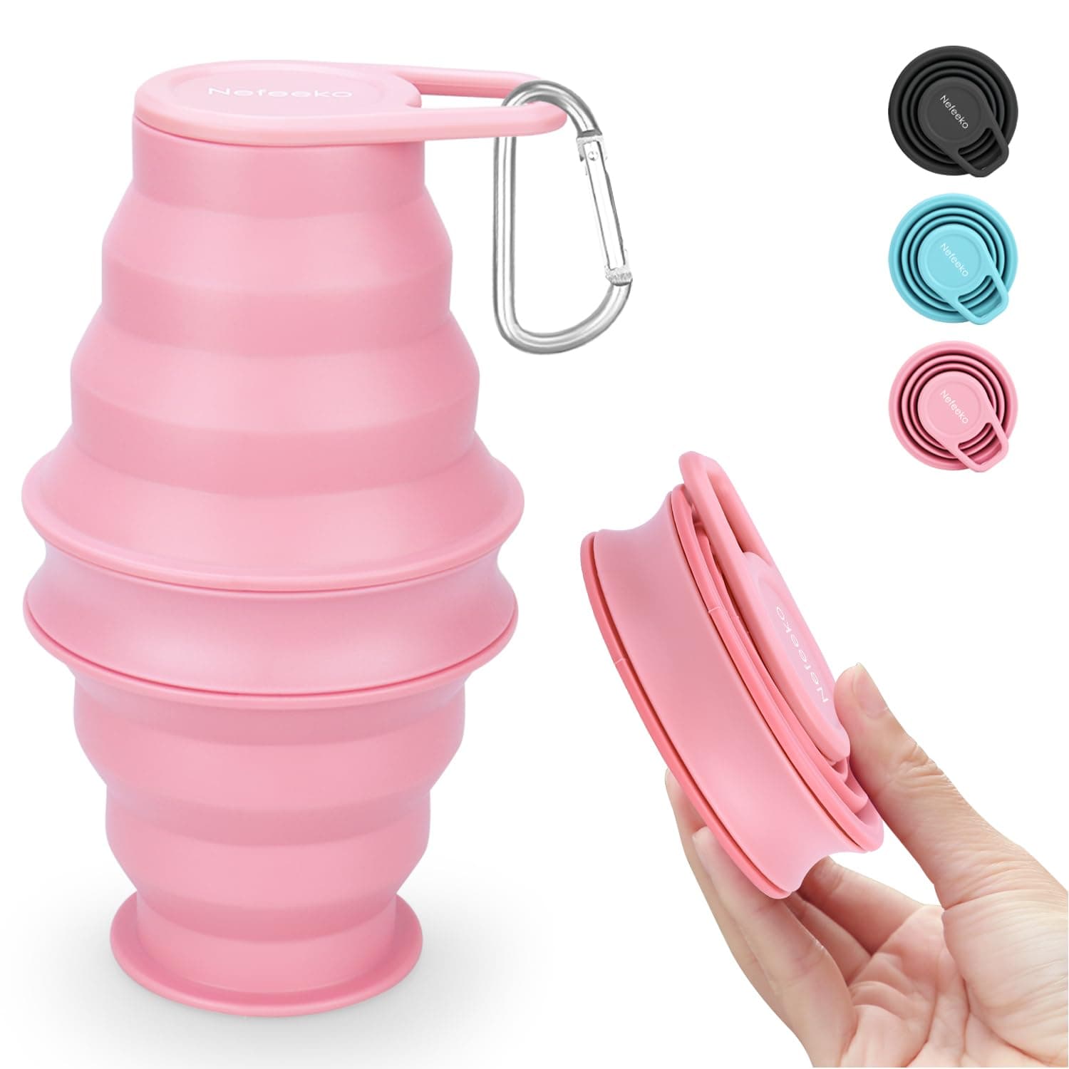 Nefeeko Collapsible Water Bottle,17oz(500ml) Reuseable BPA Free Silicone Foldable Water Bottles for Travel Gym Camping Hiking, Portable Leak Proof Sports Water Bottle with Carabiner