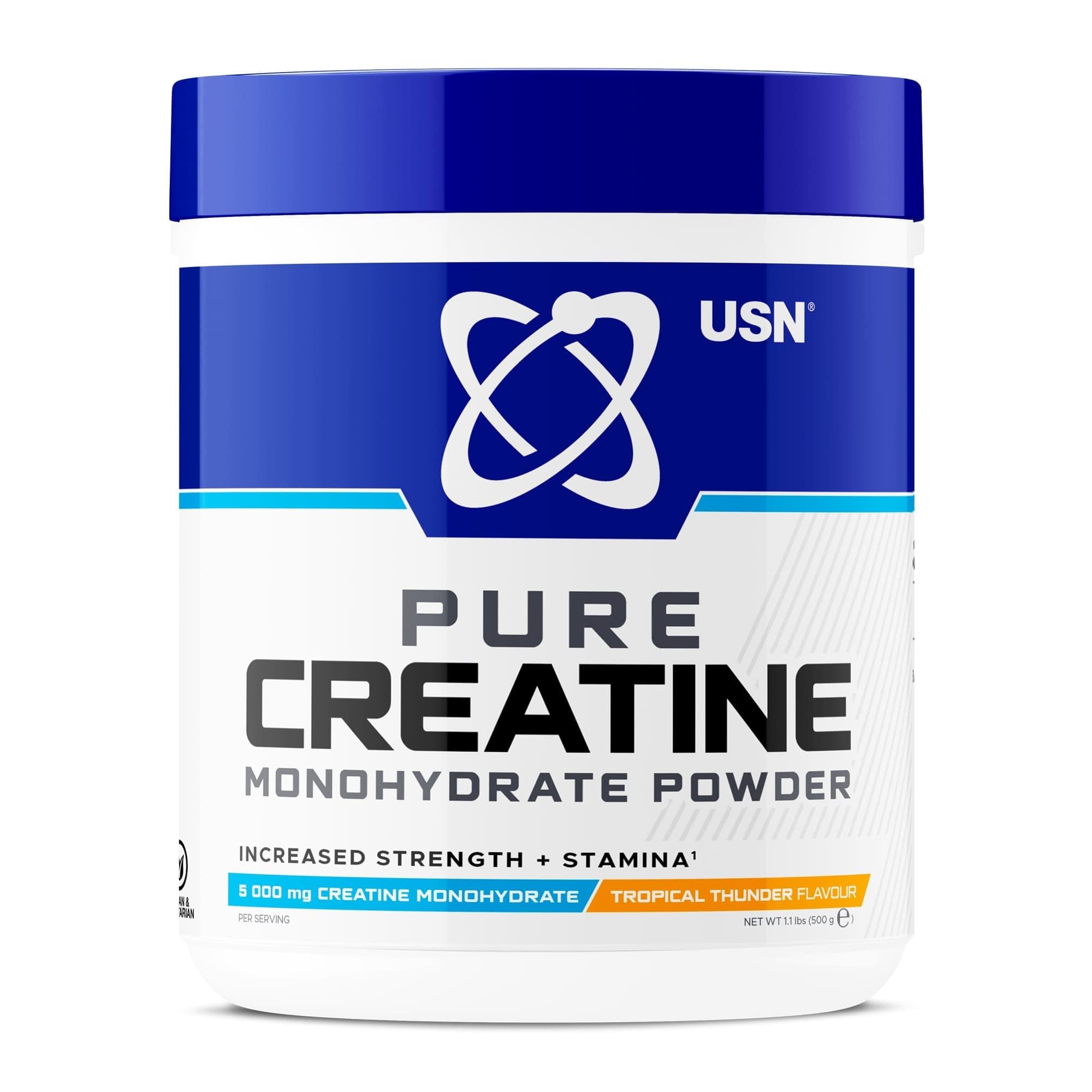 USN Micronised Creatine Powder 500g (79 Servings): Tropical Thunder Flavour, 100% Pure Creatine Monohydrate Powder for Performance and Muscle Recovery, Suitable for Vegans