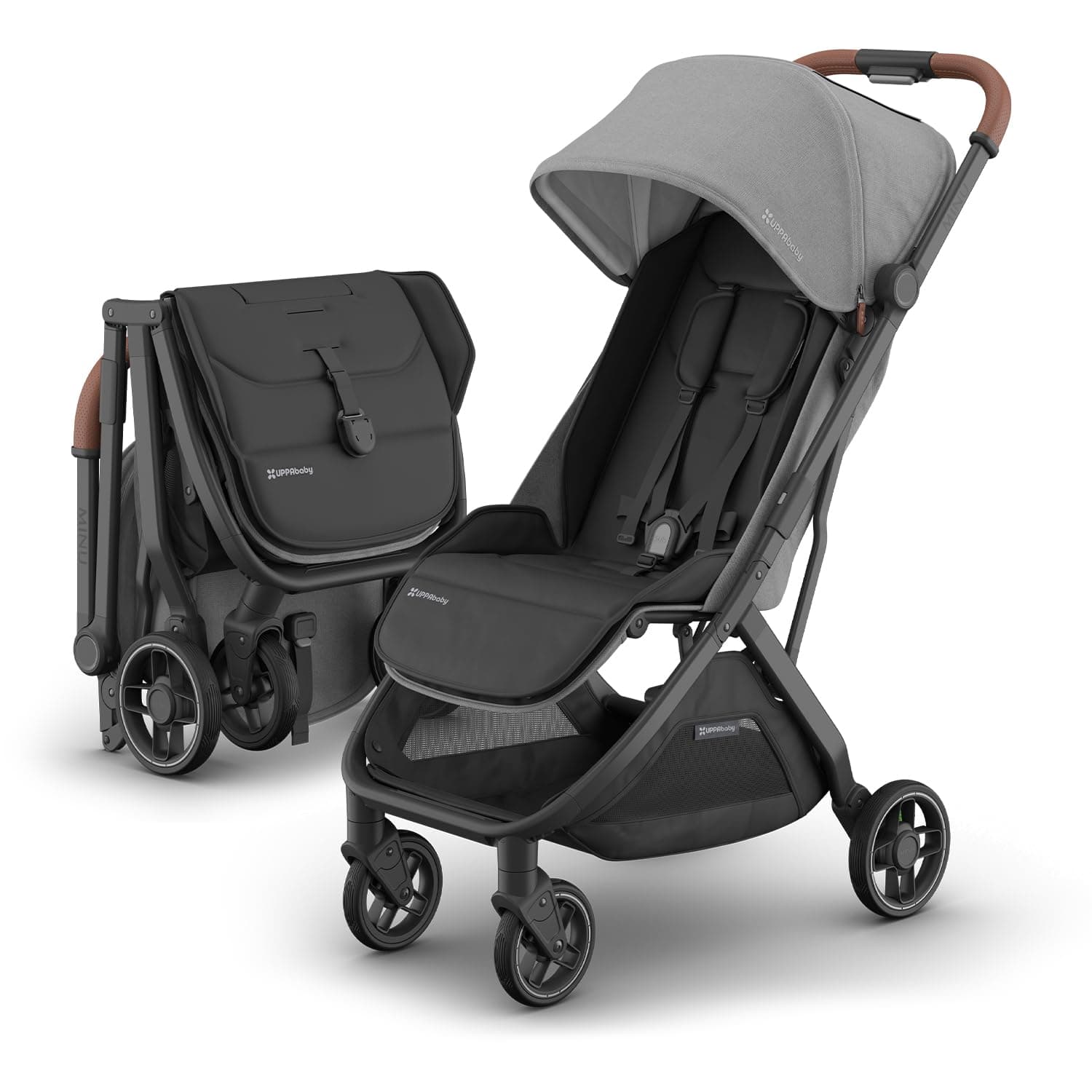 Minu V3 Travel Stroller - Lightweight + Compact Design - One-Hand Fold + Unfold - from Birth + Overhead Compatible - Greyson (Charcoal Mélange/Carbon Frame/Saddle Leather)