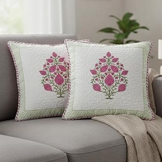 HOMEMONDE Premium Cotton Cushion Covers Set Of 2 - Soft Floral Hand Block Print Living Room 16 X 16 Inch Pillow Cases, Pink, 300 TC