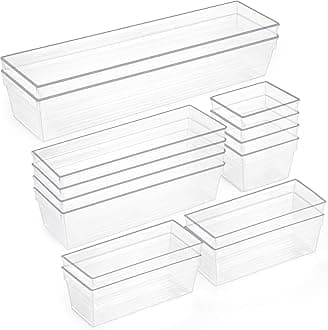 SKY-TOUCH 28PCS Drawer Organiser Trays,4 Size Clear Plastic Desk Storage Boxes,Makeup Organizer Trays,for Bathroom ,Vanity, Storage Bins ,Makeup, Bedroom, Kitchen Cupboard, Gadgets & Utensils
