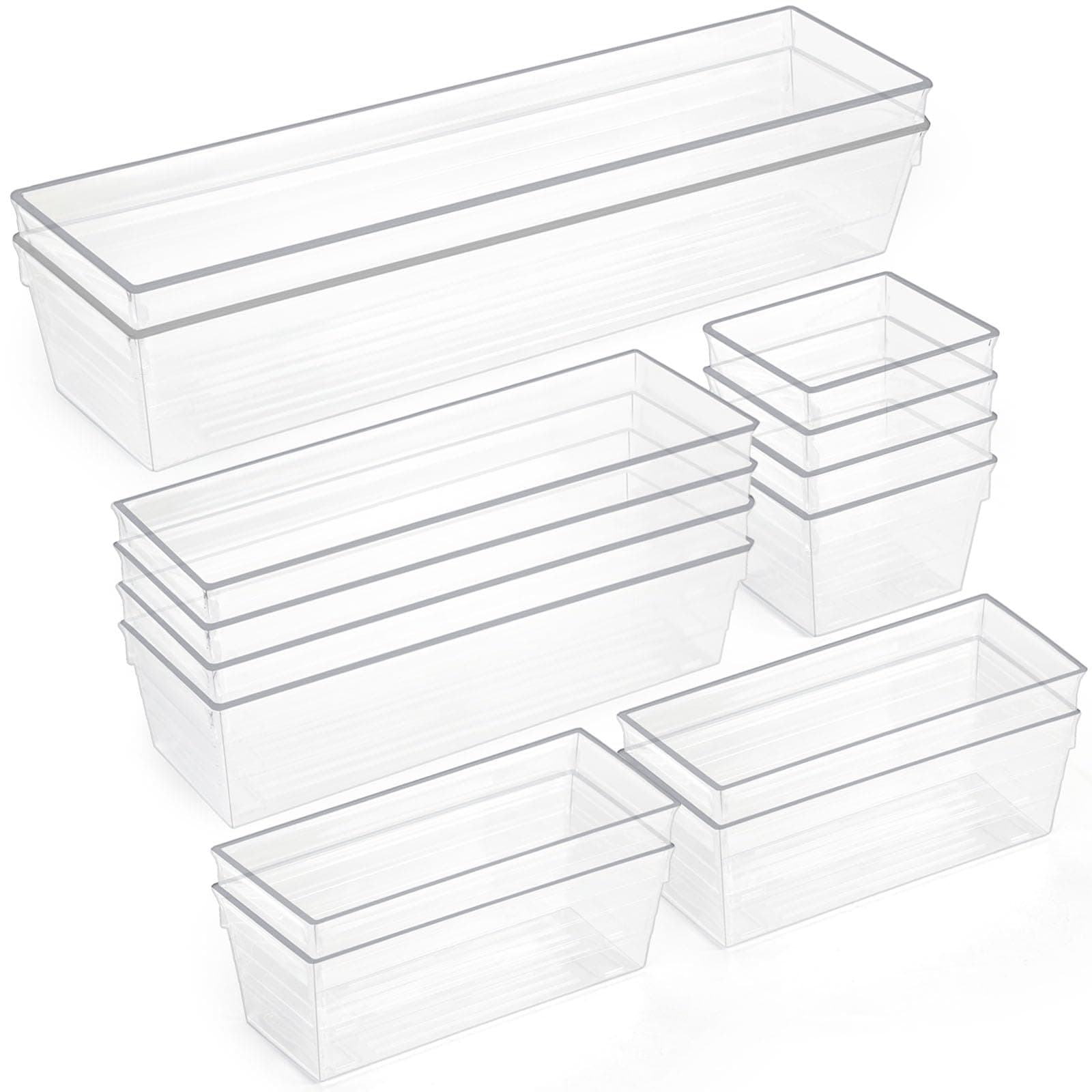 SKY-TOUCH 28PCS Drawer Organiser Trays,4 Size Clear Plastic Desk Storage Boxes,Makeup Organizer Trays,for Bathroom ,Vanity, Storage Bins ,Makeup, Bedroom, Kitchen Cupboard, Gadgets & Utensils