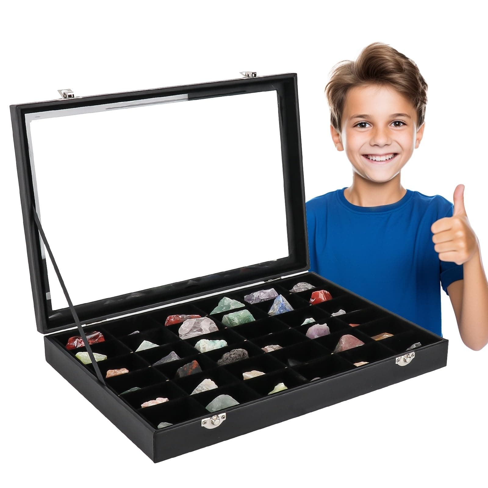 Rock Collections Box for Kids - PU Leather Rock Display Case with 36 Grid - Storage & Display Shelf for Collectibles