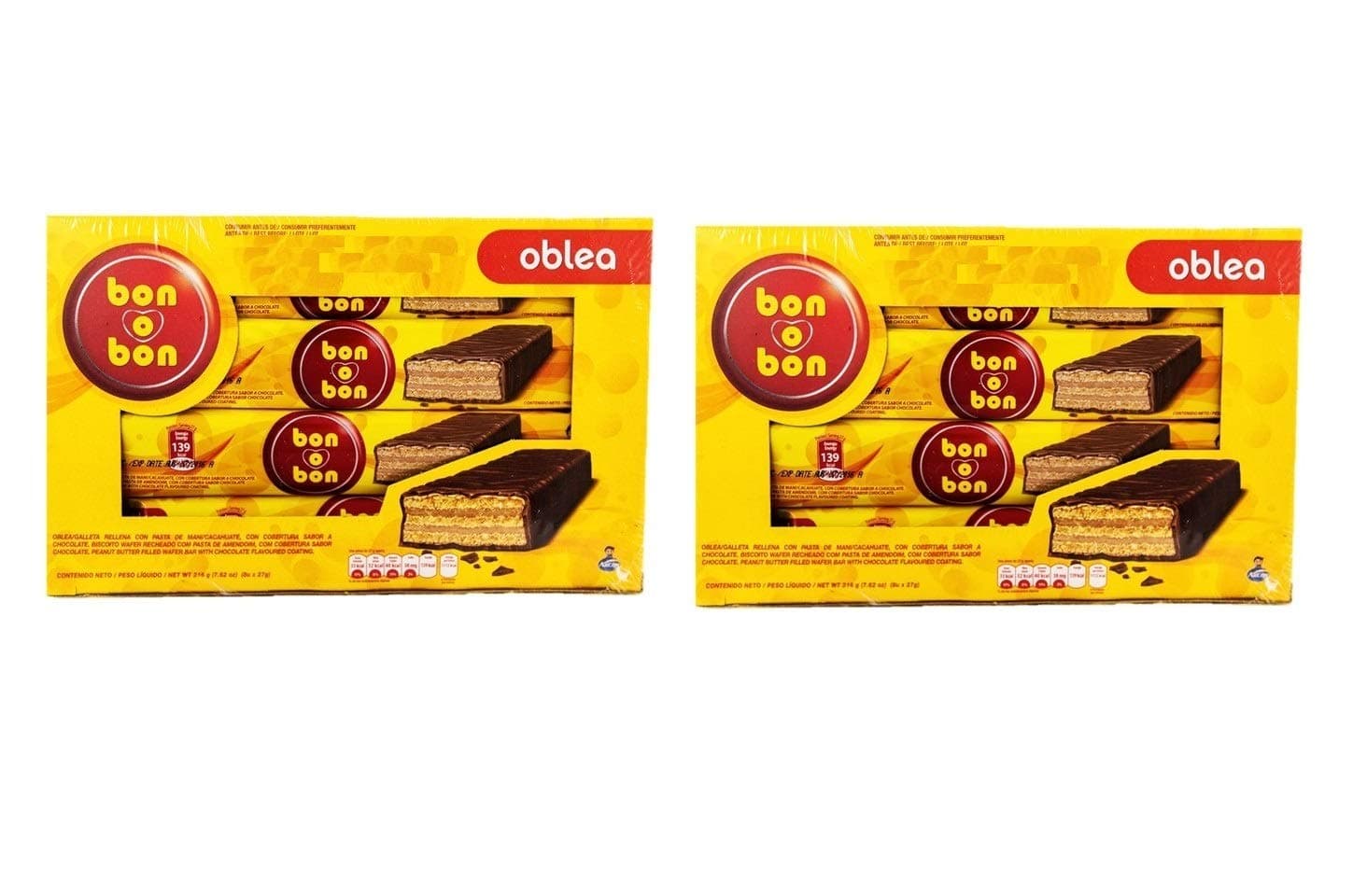 BON O BON Oblea 8 unit Display 216 grs. - 2 Pack / Chocolate Wafer Bar 7.6 oz. - 2 Pack