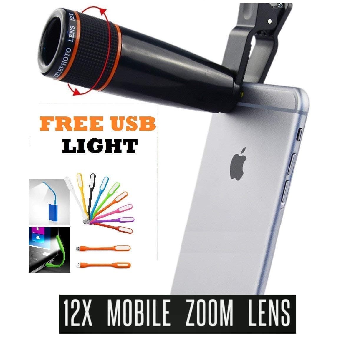 Mobias Retails, [Combo] 12x Zoom Mobile Telescope Camera Lens + USB Light - Adjustable Focus, Hd Pictures, Optical Lens with Cover and Cleaner