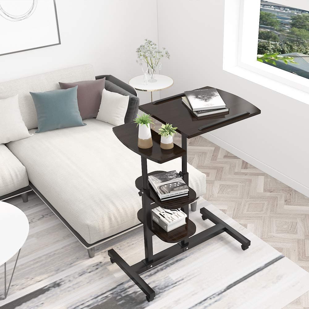 BOJU Adjustable Mobile Laptop PC Table Desk Overbed Sofa on Wheels for Couch Small Rolling Side Table Cart with Storage Black