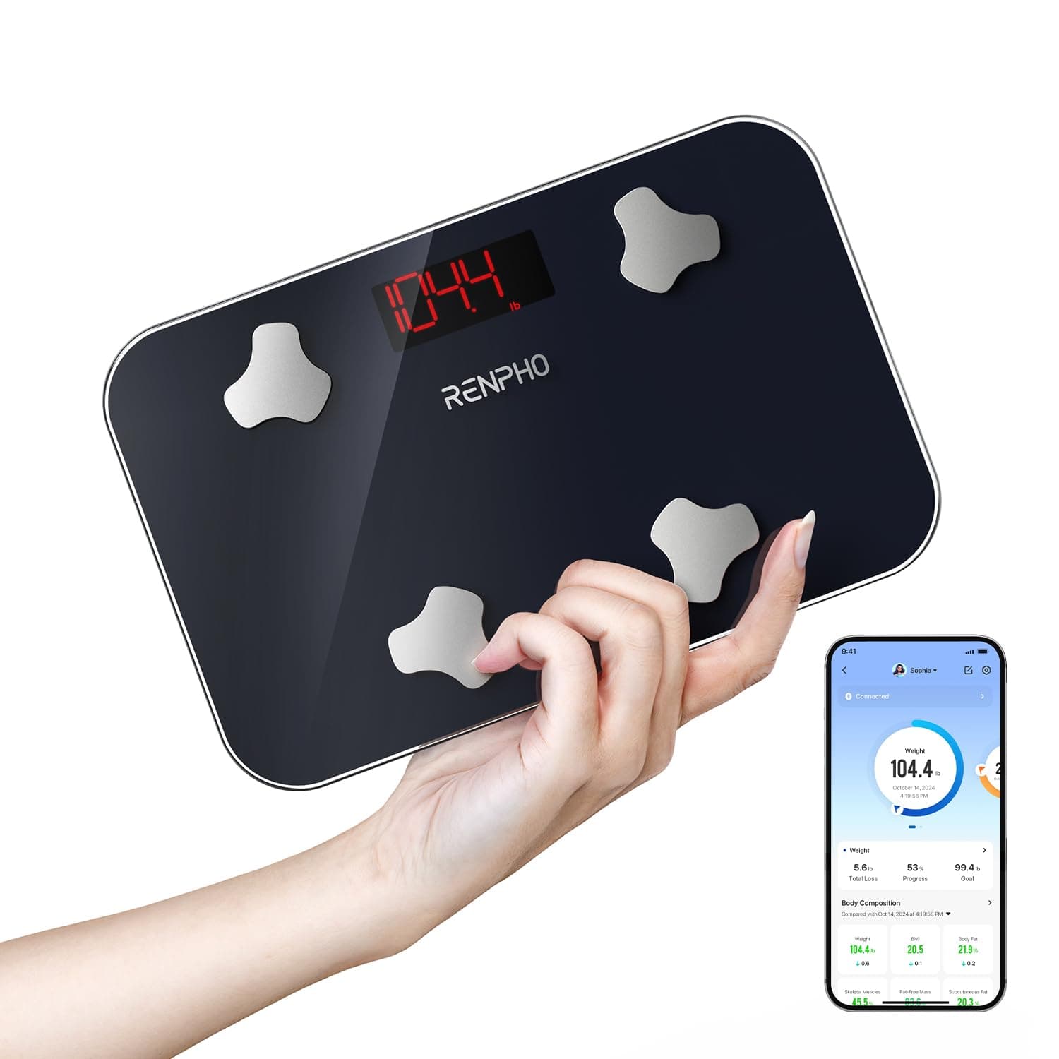 RENPHO Travel Scale for Body Weight, Mini Bathroom Scale for Body Fat, Portable Digital Weight Scale for Traveling, 13 Body Composition Analyzer Sync with Smart App, 400 lbs, 11.02" x 7.09", Elis Go