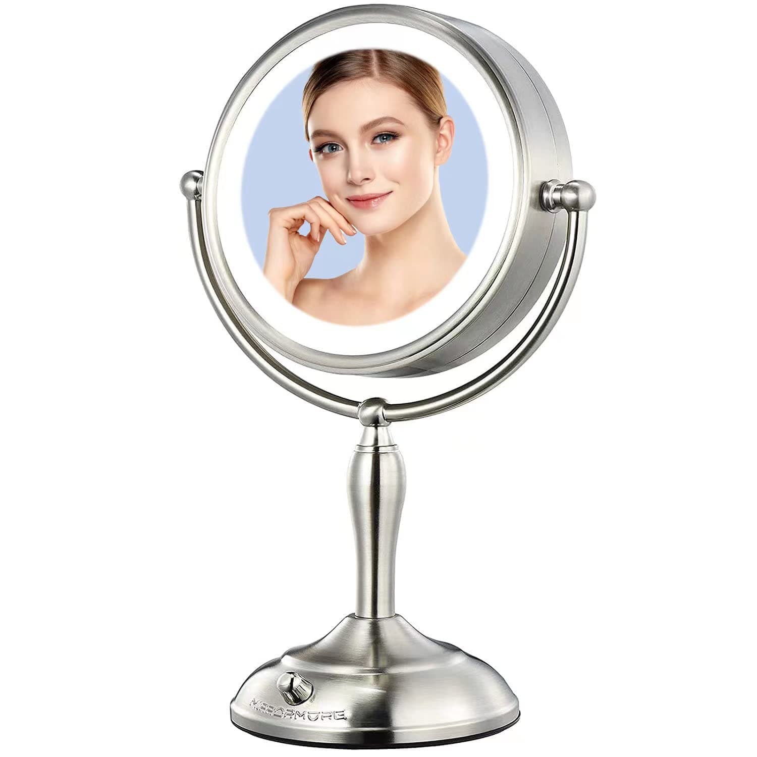 Professional 8.5" Lighted Makeup Mirror, 1X/10X Magnifying Vanity Mirror with 3 Color 52 Premium LED Lights, 200-1400 Lux Adjustable Brightness, Free Rotation, Senior Pearl Nickel