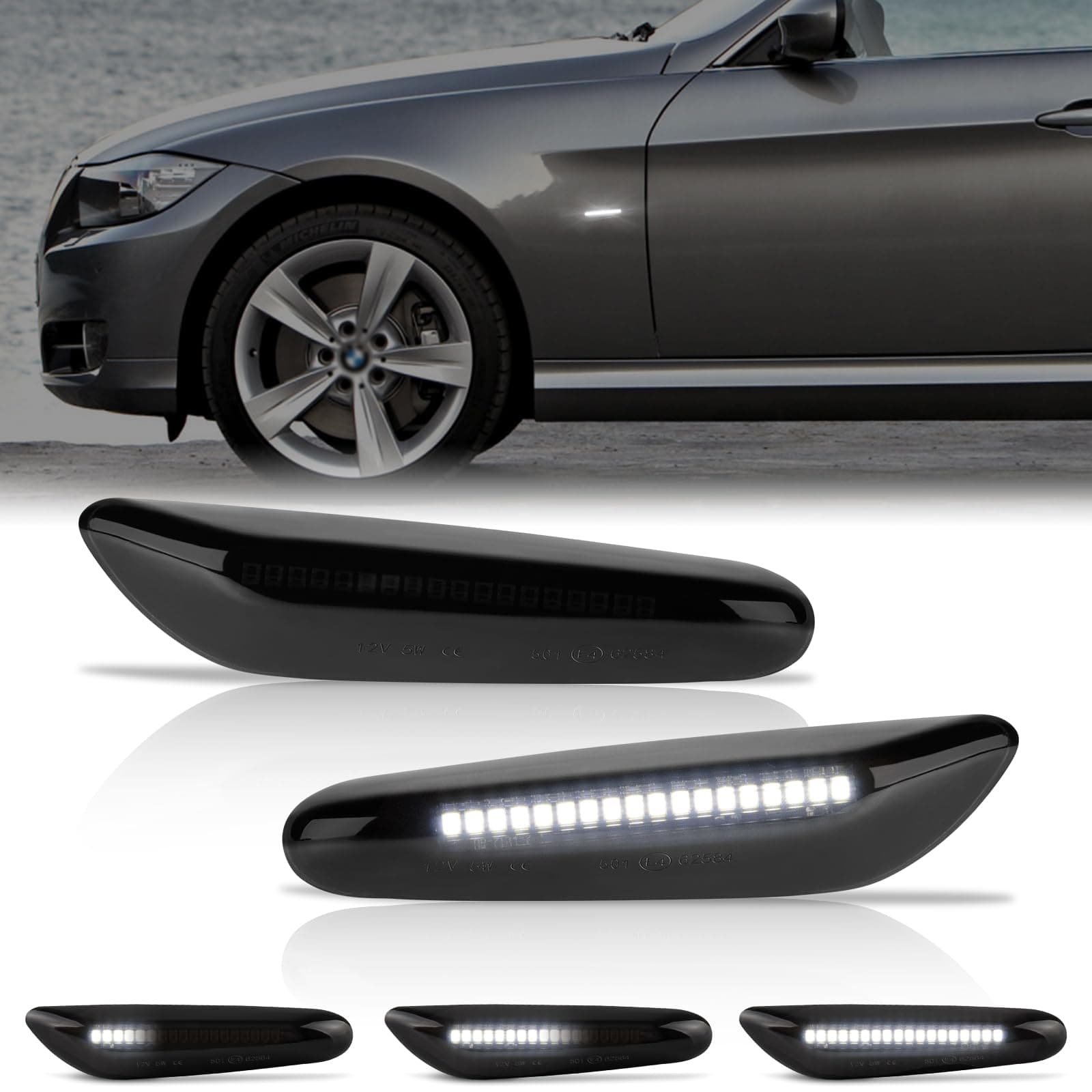 Gempro Sequential White LED Side Marker Light Turn Signal Lamps for BMW E84 E81 E82 E87 E88 E90 E91 E92 E93 E46 E53 X3 E83 X1 Smoke Len, 2PCS