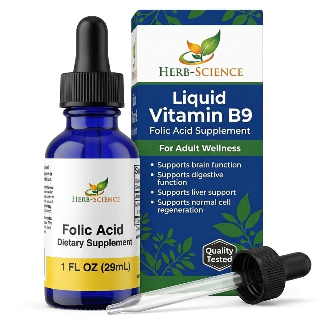 Liquid Vitamin B9 Folic Acid Supplements - VIT B Drops for Brain & Digestive Function, Liver Support - Gluten-Free, Non-GMO, Vegan - Nutritional Supplement for Adults - 1 fl. oz.