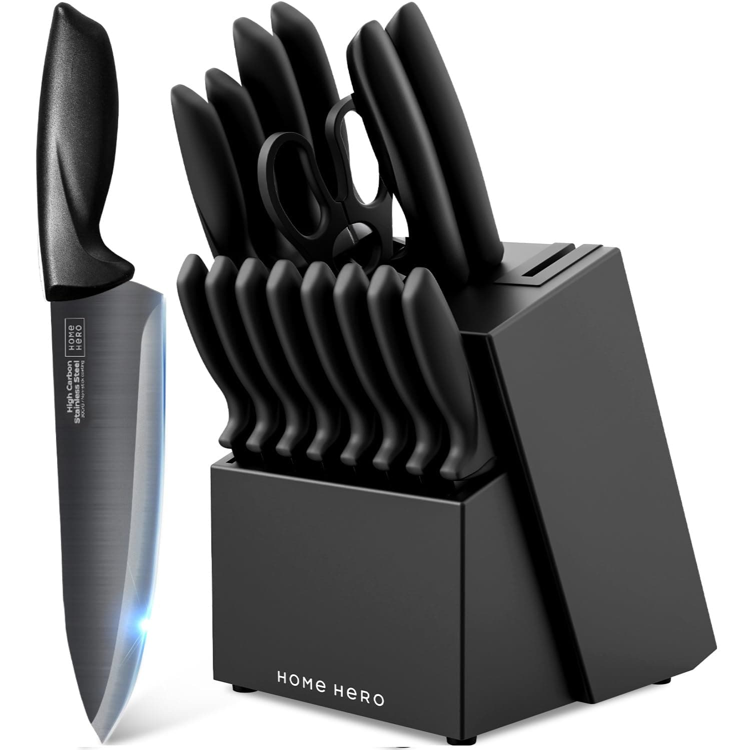 Home Hero Ultra-Sharp Stainless Steel Kitchen Knife Set - Chef Knives Set (16 pcs Block Set - Black with Block)