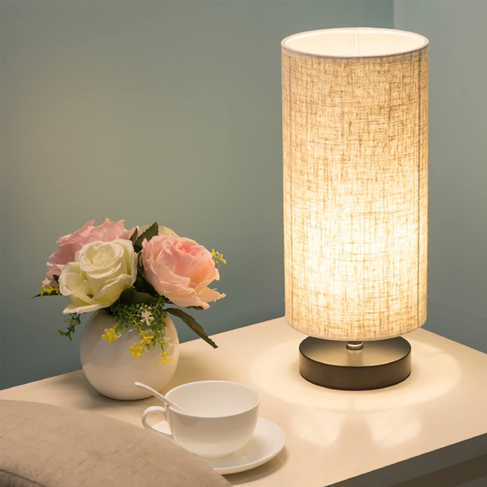 Beige Retro Linen Lamp Cover, Bedside Table Lamp Dimmable Brightness Modern Nightstand Light Night Lamp for Bedroom Living Room, Reading Room, Kids Room, Office, College Dorm (Cylindrical)