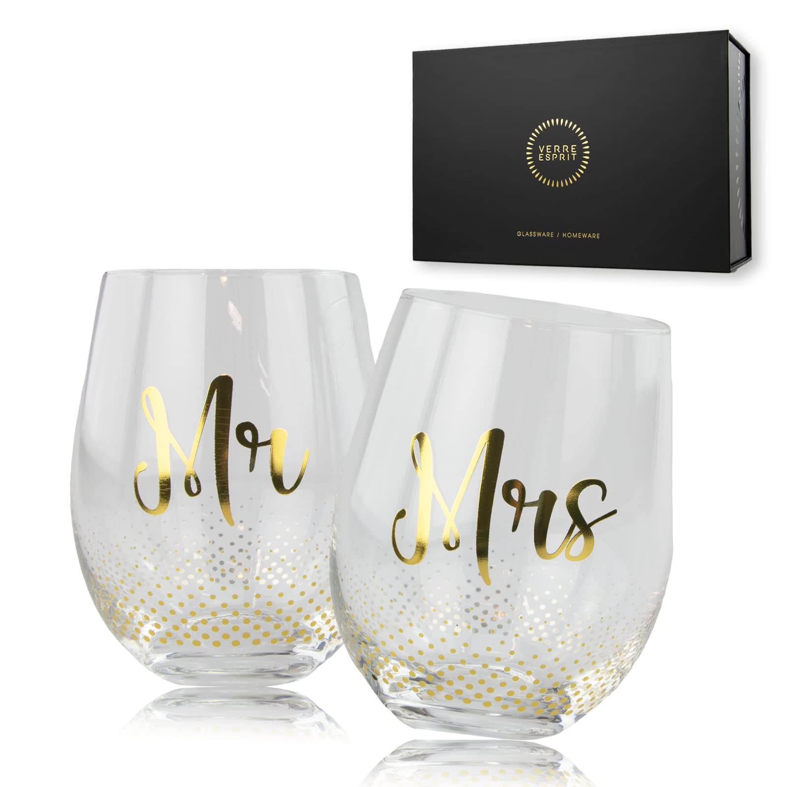 Mr and Mrs Wine Glasses, Stemless Wedding Glasses for Bride and Groom, Bride and Groom Glasses with Gold Lettering, Mr and Mrs Glasses set of 2, Crystal Wedding Wine Glasses