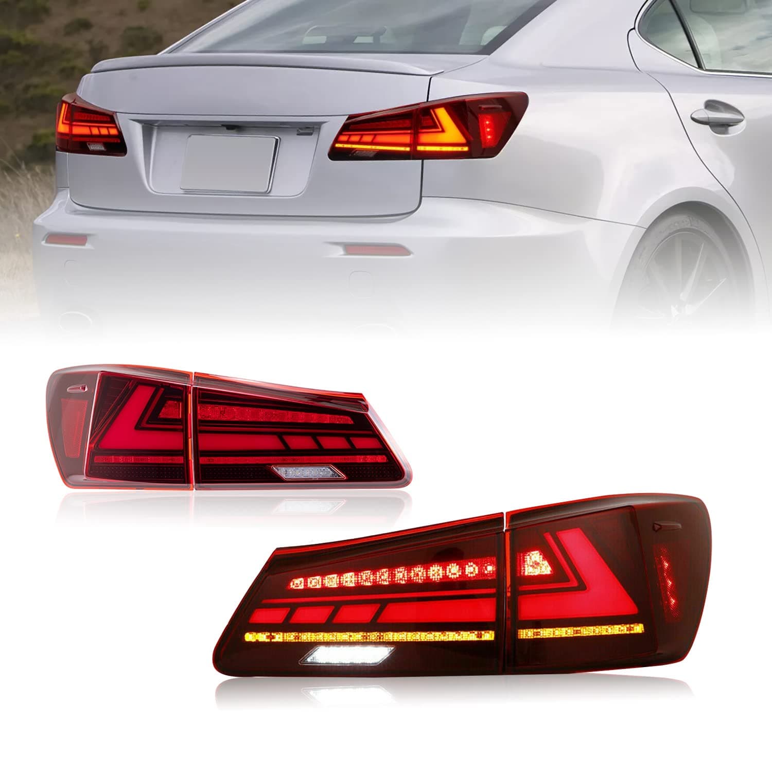 HCmotion Tail lights Assembly for 2006-2013 Lexus Sedan XE20/IS250/IS350/ISF, Tail Lamp With Start UP Animation LED DRL light & Sequential Turn Signal,Plug-and-play, LED Tail Lights Replacement