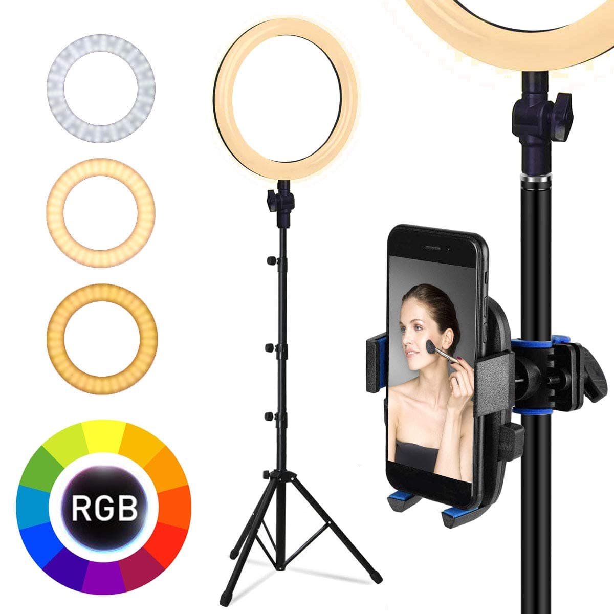 Lambony 10 inch Ring Light 8 Colors Multiple Brightness 6500K Dimmable with Tripod Stand and Phone Holder for Makeup/Selfie Live Stream and YouTube Video Shooting [USB Plug]