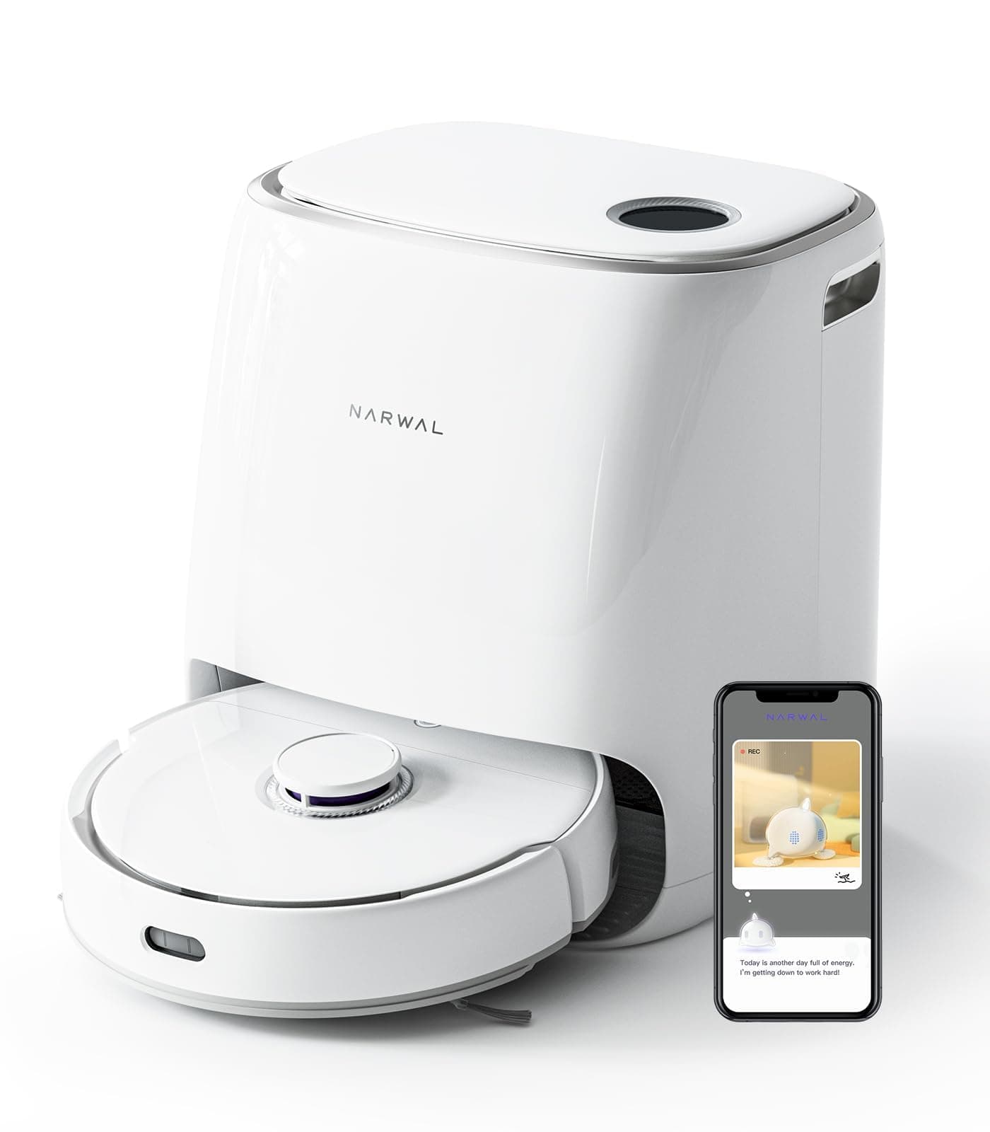 NARWAL Freo Mate Robot Vacuum and Mop Comb, Washing & Drying, Dirt Sense Ultra Clean, Auto Add Cleaner, LCD Display, Smart Swing, Arcuate-Route, WiFi, APP Control, White