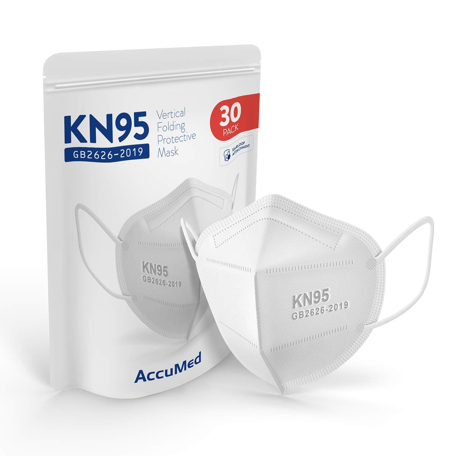 AccuMed 30-Pack KN95 Face Mask, Protective Face Mask, Disposable Mask, GB2626-2019 (White)