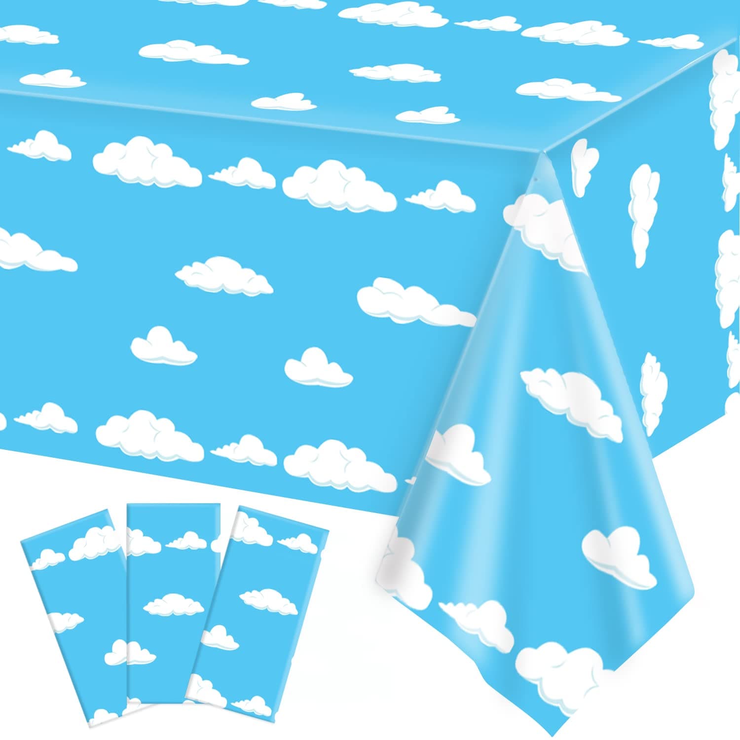 Oigco 3 Pack Blue Sky White Clouds Party Tablecloth Cartoon Story Birthday Party Supplies 54 x 108 Inch for Boy Girl Kids Baby Shower Birthday Party Supplies