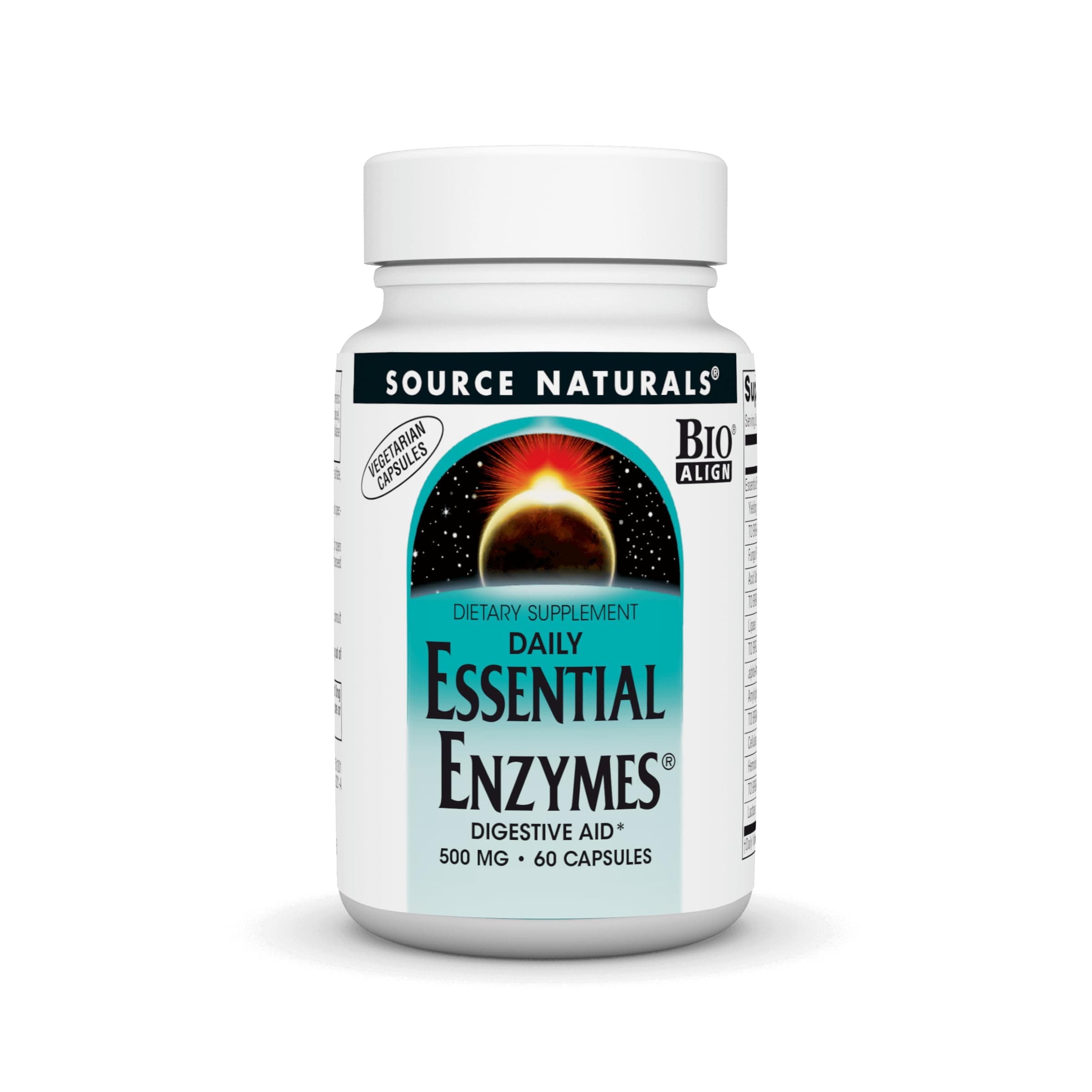 Source Naturals Essential Enzymes 500mg Bio-Aligned Multiple Enzyme Supplement Herbal Defense for Digestion, Gas, Constipation & Bloating Relief - Supports Immune System* - 60 Vegetarian Capsules