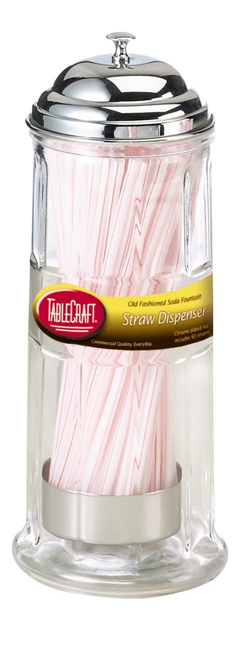 H714CH Straw Dispenser, 4-3/8" x 4-3/8" x 11-1/8", glass, chrome plated top, includes 72 straws per dispenser