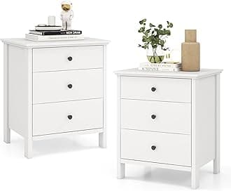 Giantex Nightstand with 3 Drawers Set of 2, Wooden Side End Table with Solid Wood Legs, Retro 3-Drawer Bedside Table Night Stand for Bedroom Home Office Small Space, Easy Assembly, White