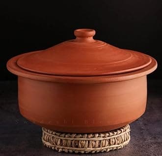 Swadeshi Blessings HandMade Exclusive Range Unglazed Earthen Kadai/Mud Handi/Mitti Ke Bartan/Clay Pot for Cooking & Serving with Lid(with Mirror Shine) + Free Palm Leaf Stand (3 Liters)