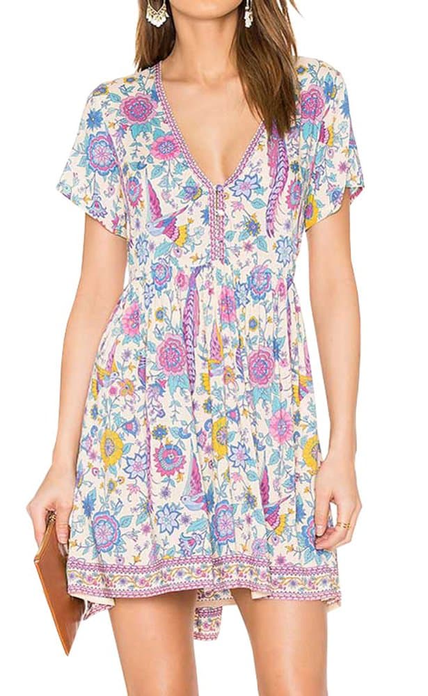 Women's Summer Boho Floral Printed Sexy Deep V Neck Short Sleeve Mini Dress Vocation Dress