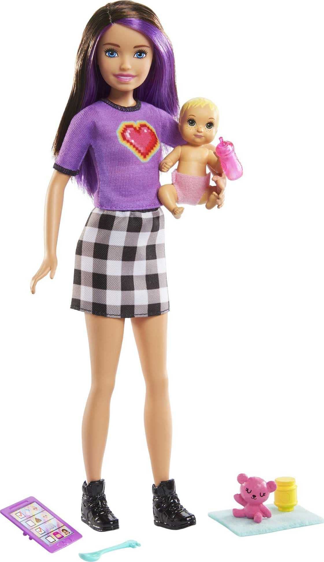 Barbie Skipper Babysitters, Inc Set with 9-in Brunette Skipper Doll, Baby Doll & 4 Storytelling Pieces for 3 to 7 Year Olds