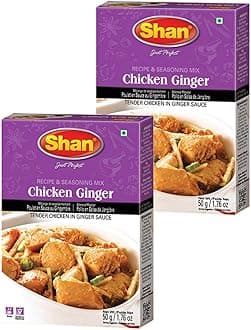 Shan Chicken Ginger Recipe and Seasoning Mix 1.76 oz (50g) - Spice Powder for Tender Chicken in Ginger Sauce - Suitable for Vegetarians - Airtight Bag in a Box (Pack of 2)