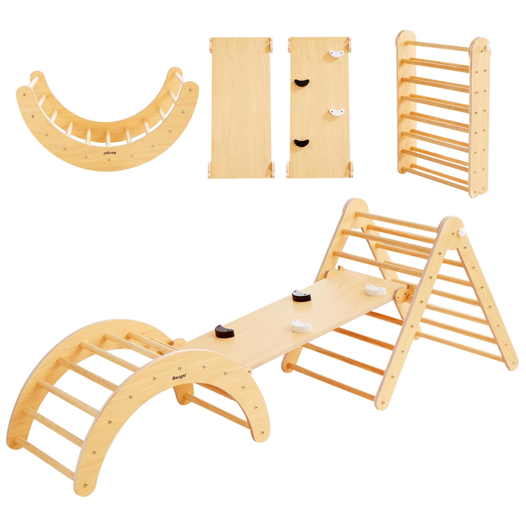 Beright 5 In1 Pikler Triangle Gym, Foldable Climbing Triangle Ladder Toys with Ramp, Indoor Climbing Toys for Kids, Play Gym, Arch Climber, Rocker, Learning Waldorf Children Toy Structure, Natural