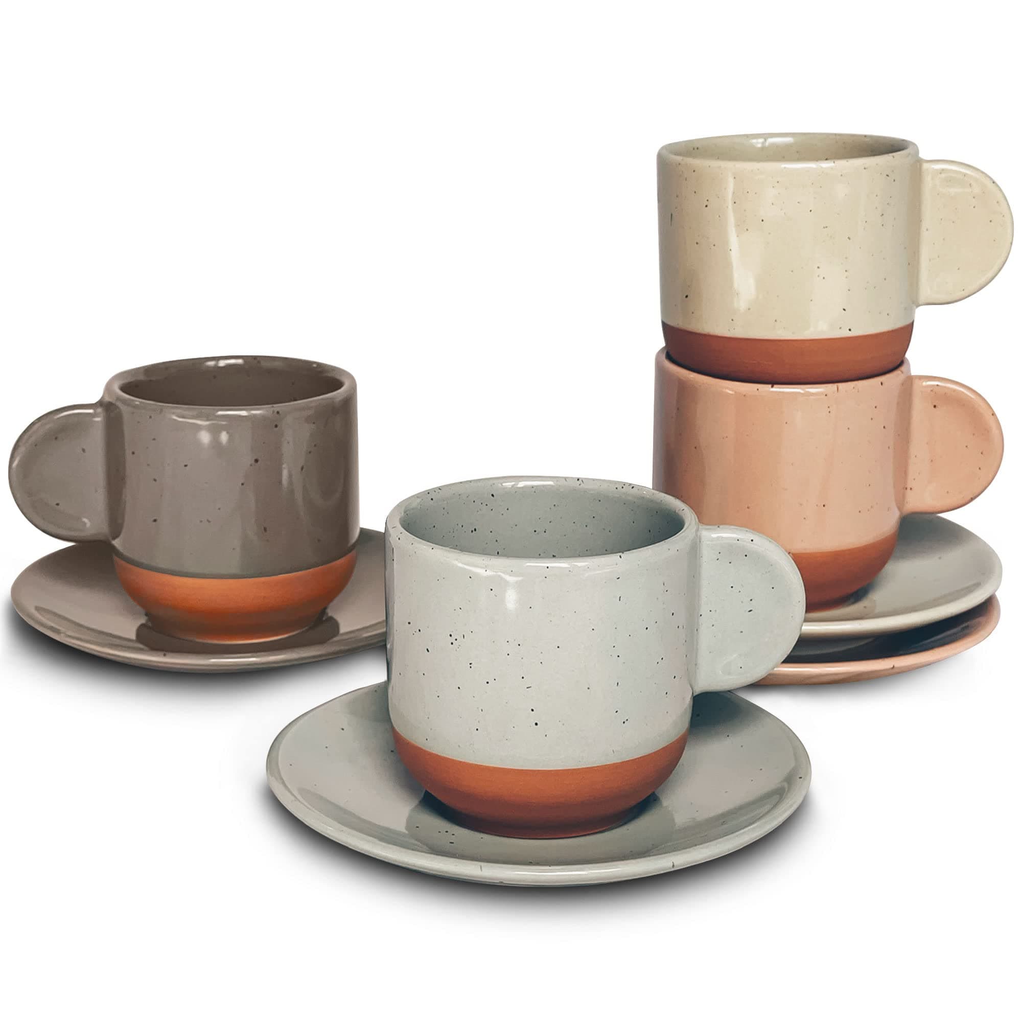 - Ceramic Mini Espresso Cups Set of 4, 3oz - Tiny Italian Inspired Mugs With Saucers For Small Shots of Coffee - Modern Boho Style For Any Kitchen or Cafe. Microwave Safe Porcelain - Asstd Neutrals