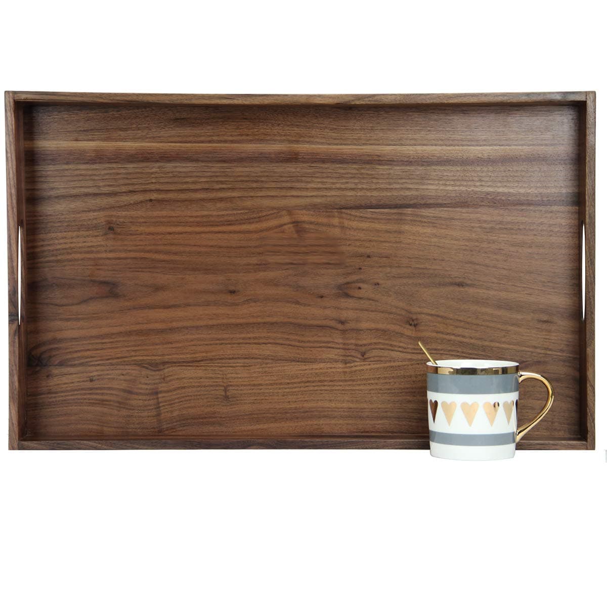 22 x 14 Inches Large Rectangle Black Walnut Wood Ottoman Tray with Handles, Serve Tea, Coffee, Classic Wooden Decorative Serving Tray