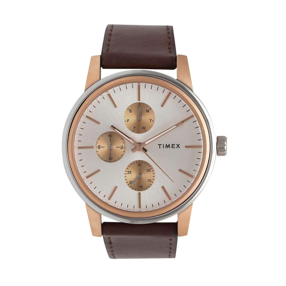 TIMEXAnalog Watch for Man with Silver Round Dial & Brown Leather Strap Band Water Resistant Men's Wrist Watches - TWEG18900