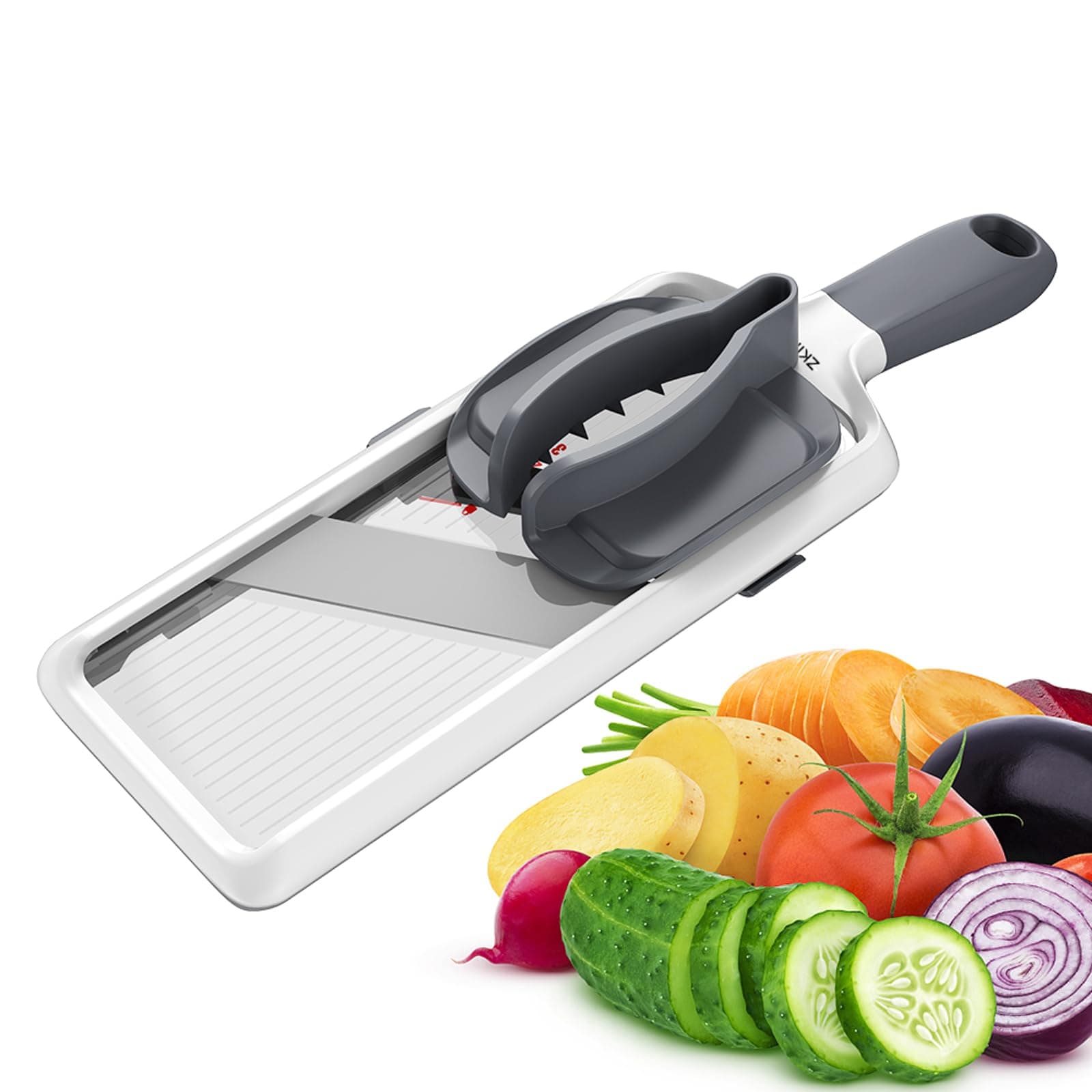 Multi Hand-held Mandoline Slicer - Stainless Steel Blade with 3 Thickness Settings, Safety Food Grip and Non-slip Handle, Easy to Use and Clean, Ideal for Slicing Fruits and Vegetable (Gray)
