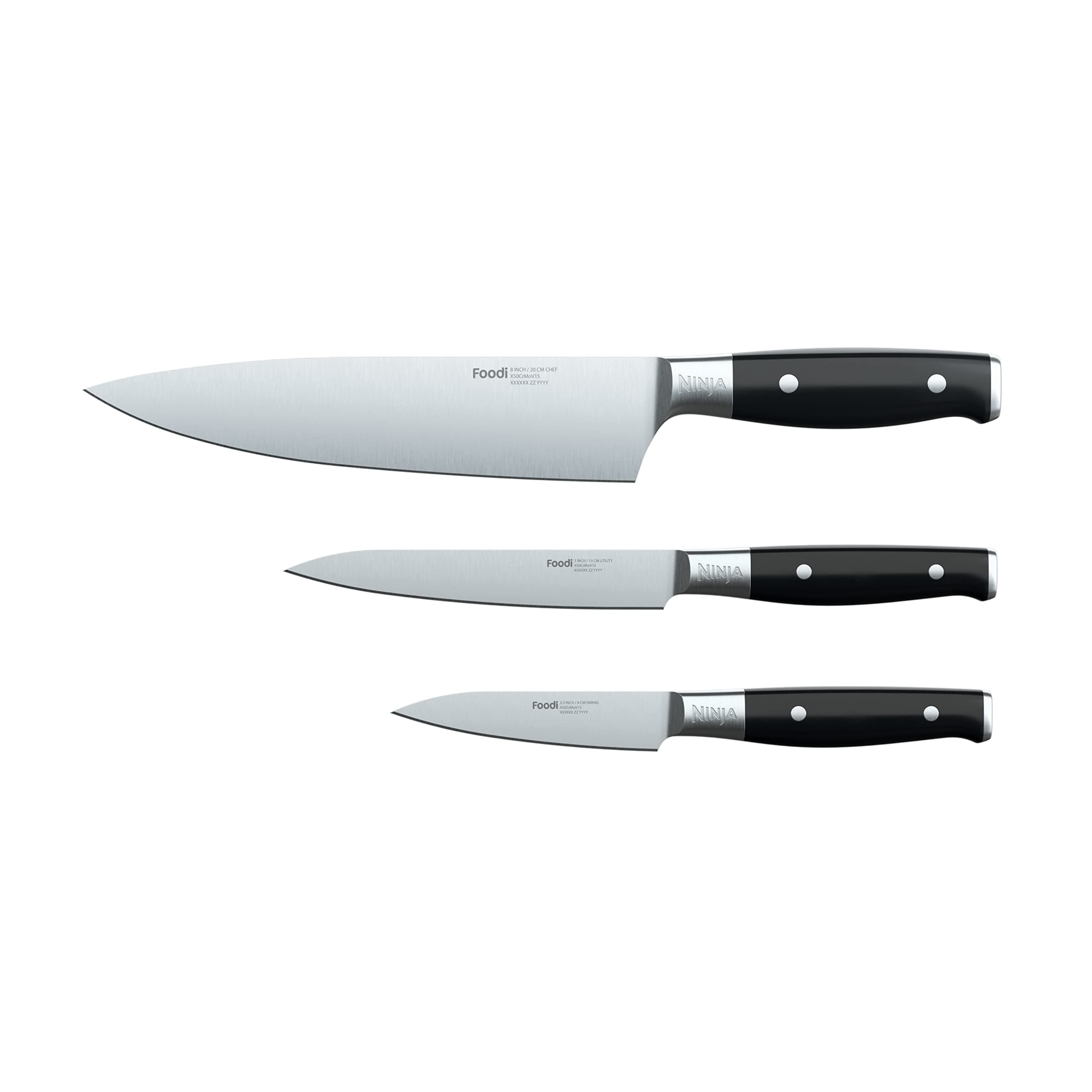 Ninja K32003 Foodi NeverDull System 3-Piece Chef Knife, Utility & Paring Set, Premium, German Stainless Steel, Black