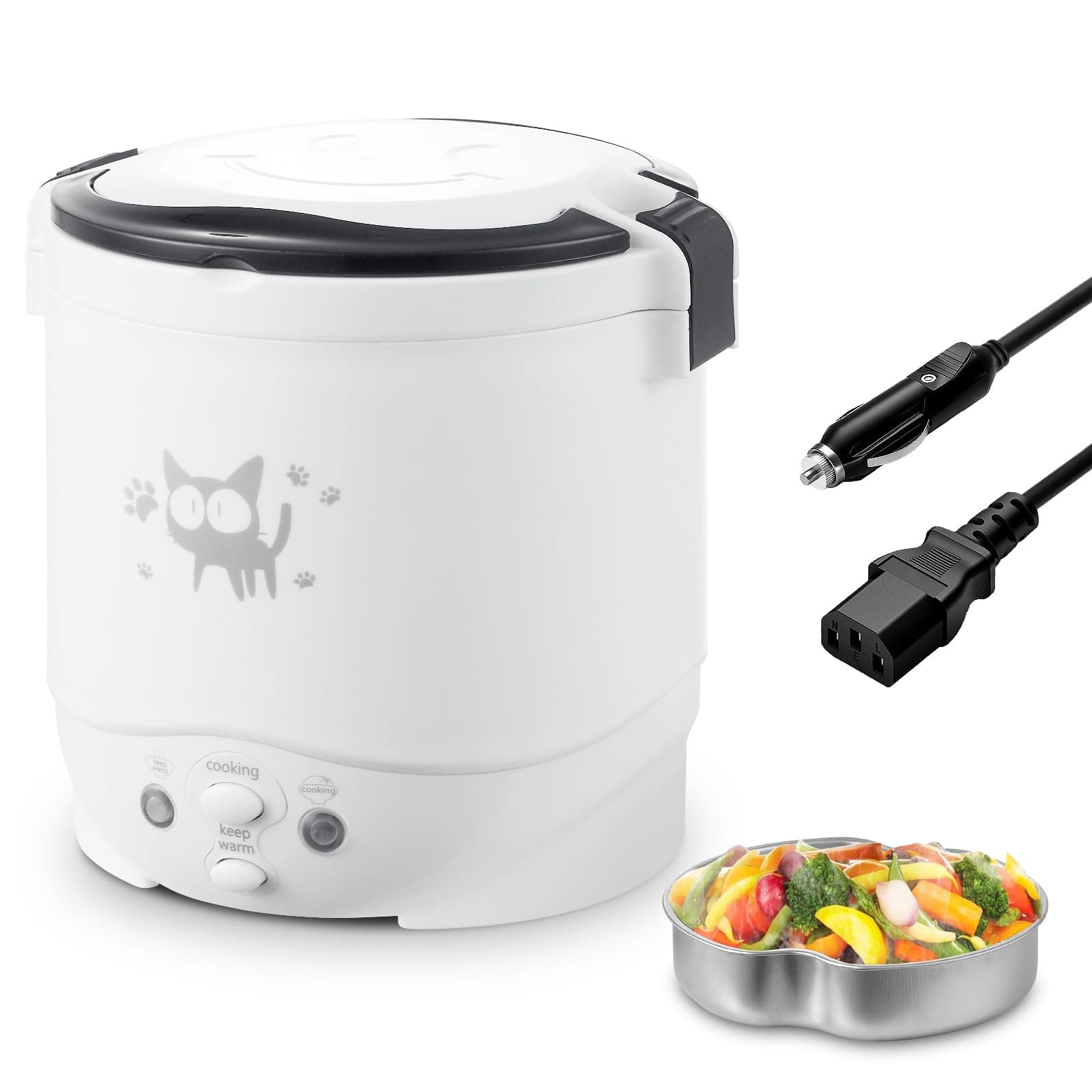 OSBA Mini Rice Cooker, 1L Small Rice Cooker 2 Cup-uncooked Travel Rice Maker 12V for Car with Steamer, Auto Keep Warm Suitable For 1-2 People, White