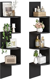 HOOBRO Corner Shelf, Wall Shelf, Set of 2 Floating Corner Shelves for Wall, 4-Tier Corner Bookshelves for Living Room, Bedroom, Bathroom, Home Office, Black EBK25BJP201