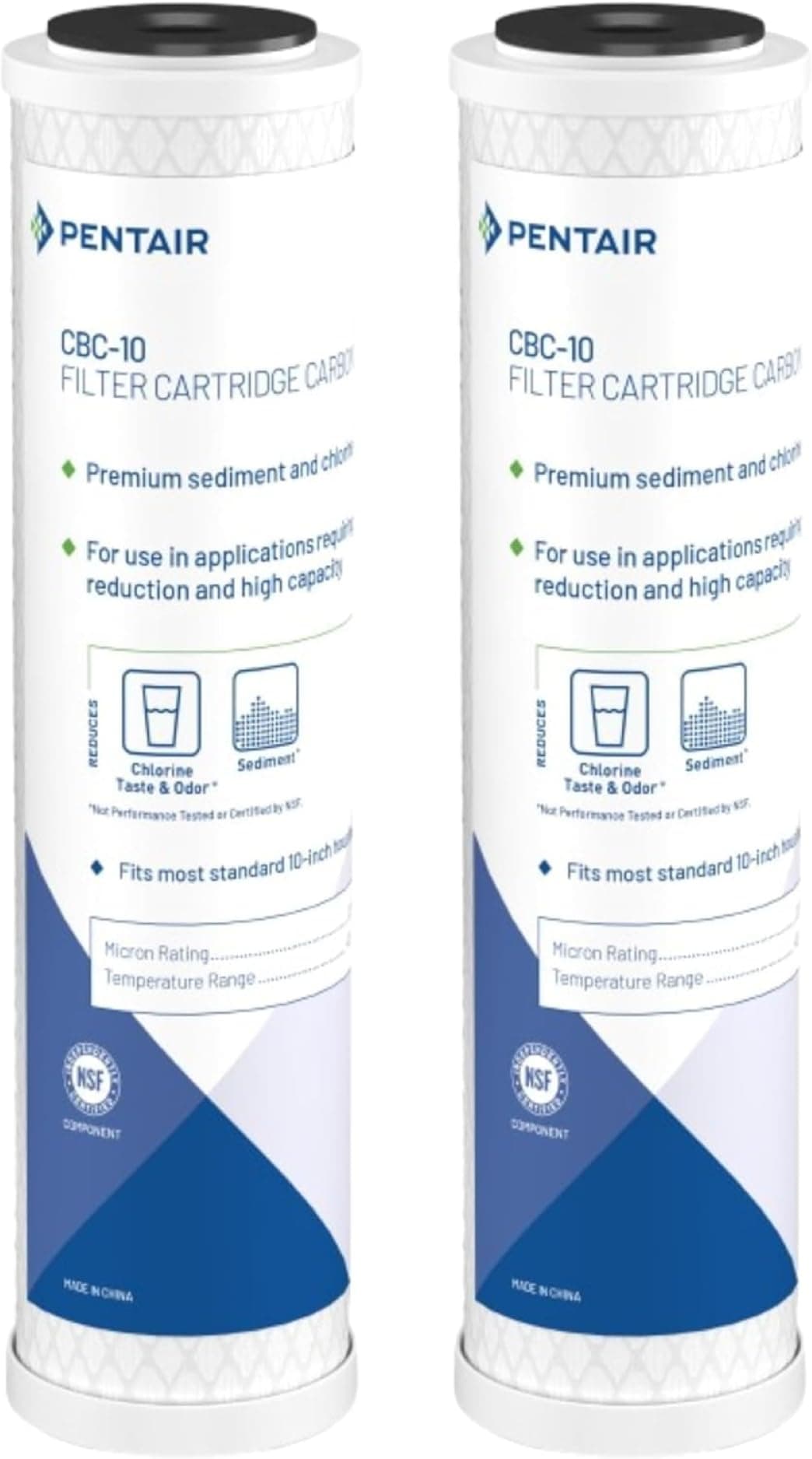 Pentair Pentek CBC-10 Carbon Water Filter 10" Under Sink Carbon Block Replacement Cartridge with Adhesive Powder Activated Carbon (PAC) Filter, 10" x 2.5", 0.5 Microns, 2 Pack