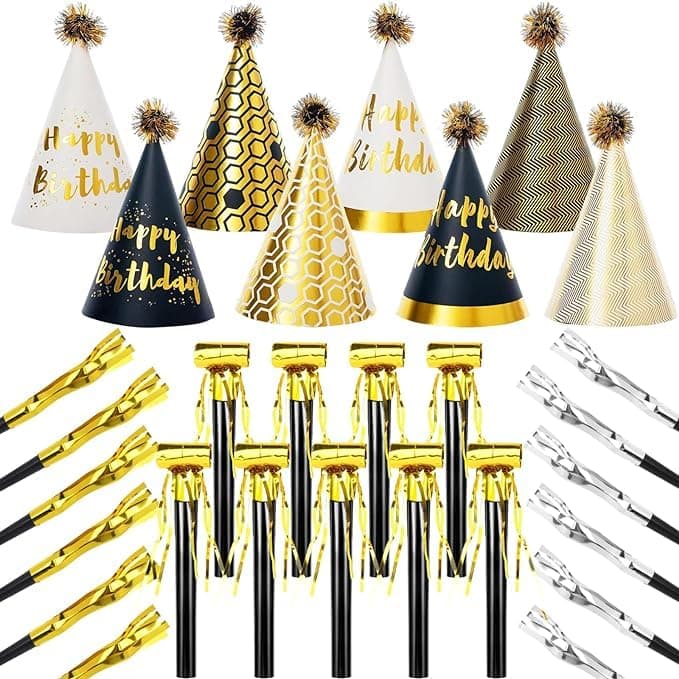 30 Pcs Gold Birthday Party Hats Cone Hats Includes 8 Birthday Paper Hats and 22 Noise Makers
