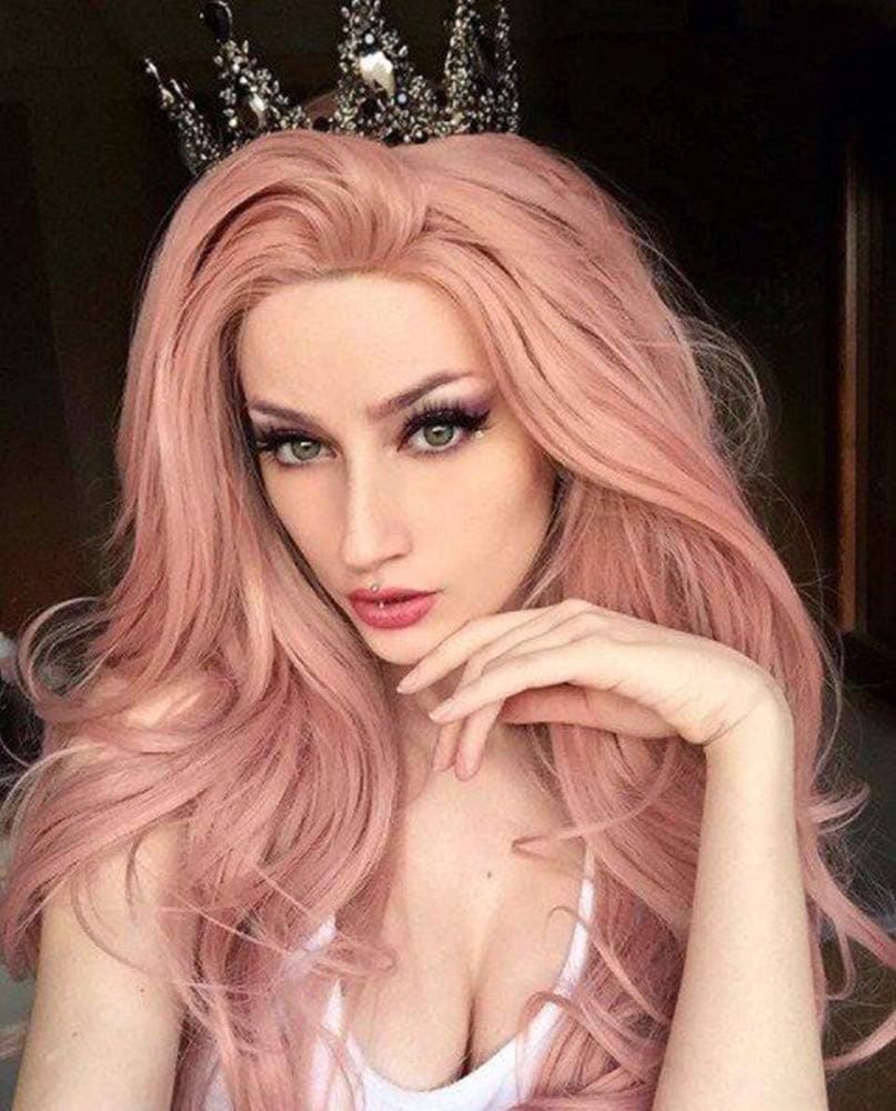IMSTYLE Pink Lace Front Wig Long Wavy Rose Wig Mixed Color Synthetic Hair Replacement Wigs for Women Natural Hairline Lolita Wig Half Hand Tied Heat Resistant 24 Inch