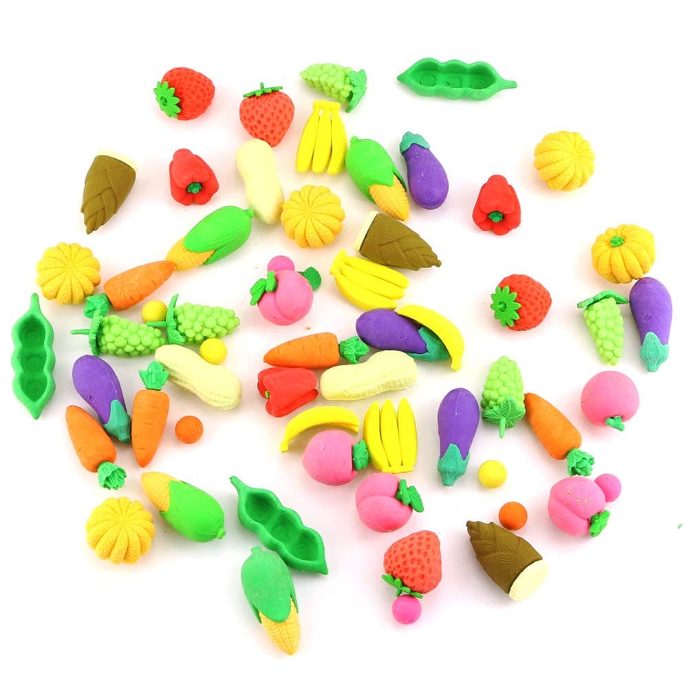 DLOnline 60Pcs Fruit Pencil Erasers Bulk, Assorted Food Puzzle Erasers, Vegetables Erasers, Mini Vegetable Pencil Erasers for Party Favors, Class Rewards