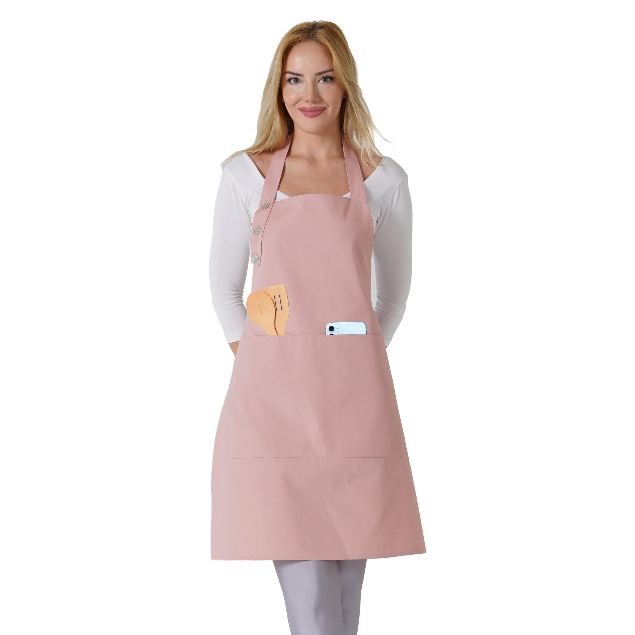 Kitchen Apron Waterdrop Resistant Cotton Apron with adjustable Aprons for Women with Pockets 10 Color option Cooking Powder Pink Apron (Powder Pink)